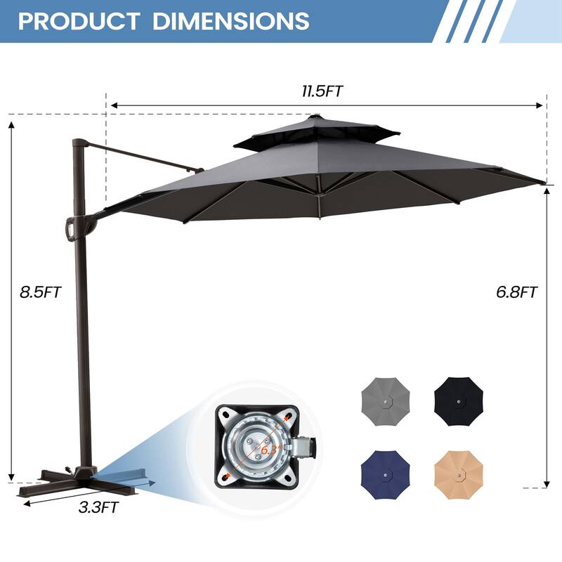 Patio Umbrella Cantilever Offset Outdoor Parasol 360-degree Rotation with Base