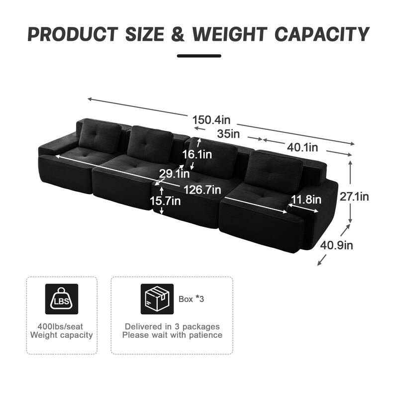 Roomfitters No Assembly Modular Sofa, 117 Inch Corduroy 3-Seater with Piping, Black