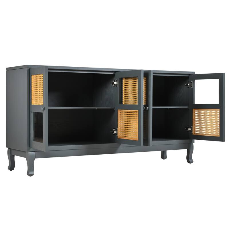 4-Door Sideboard with Large Storage Space Artificial Rattan Doors and Transparent Glass, for Dining Room Living Room