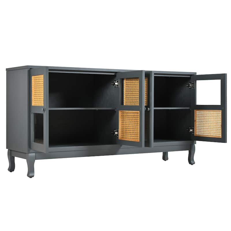 Retro 4-Door Sideboard with Artificial Rattan Doors & Transparent Glass