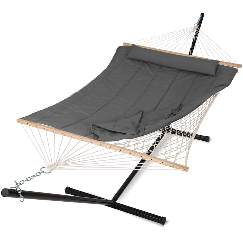 Double Hammock with Stand, Two Person Cotton Rope Hammock - 147.6(L)*52(W)*47.6(H) - Dark Gray