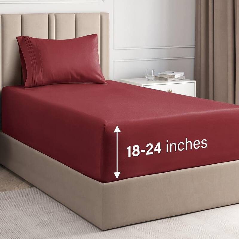 CGK Linens 4 Piece Solid Microfiber Extra Deep Pocket Bed Sheet Set - Twin - Burgundy