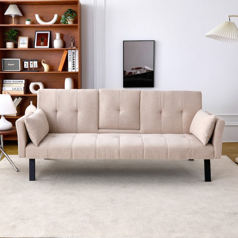 70-inch multi-functional cotton and linen sofa bed: foldable + cup holder + side storage - Beige