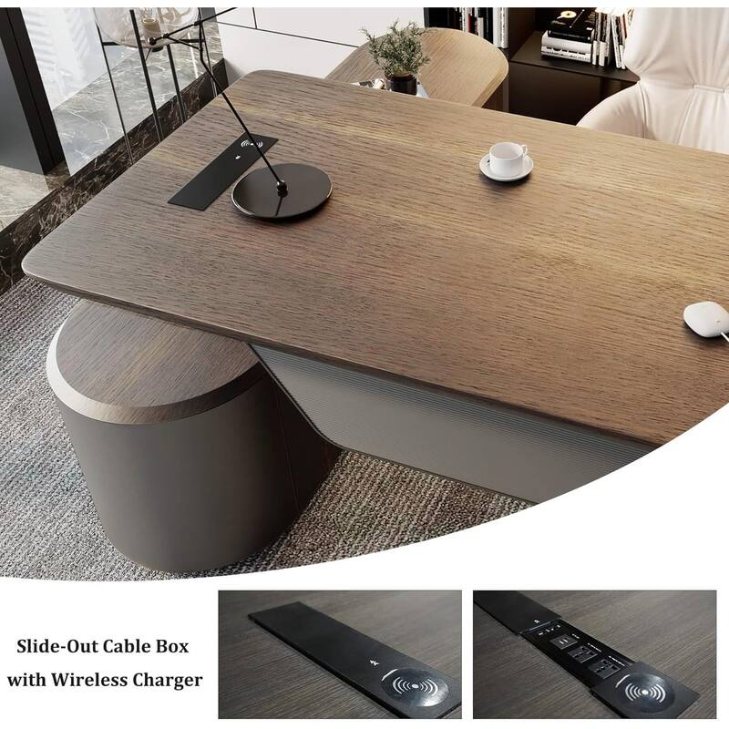 Sit & Stand Adjustable Height L Shaped Executive Desk with File Cabinets Drawers Universal Charging Ports