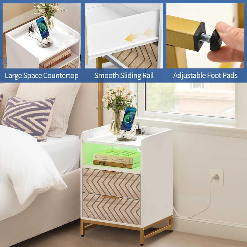 Moasis Modern LED Nightstand Set of 2 with Drawer and Storage Shelf, Bedside Table with Charging Station