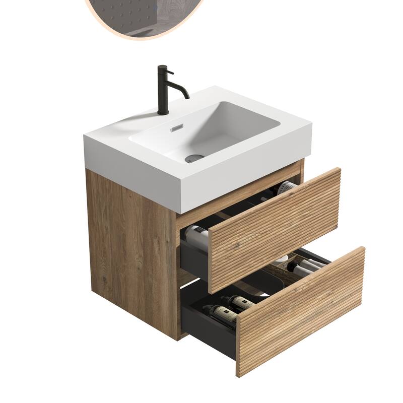 GDFStudio - Grace Wall-Mounted Bathroom Vanity with Engineered Quartz Sink & Soft Close Drawers, without Drainage and Faucet