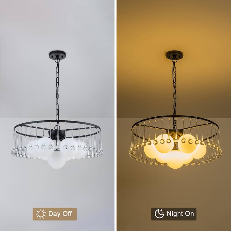 7-Light Modern Circular Chandelier with White Glass & Crystal Accents - Dia.23.62-in