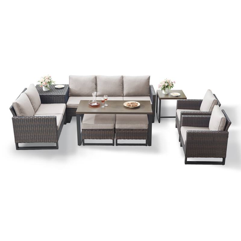 Gymojoy 7-9 Person Outdoor Patio Wicker Conversation Set Group With Armchairs And Ottomans