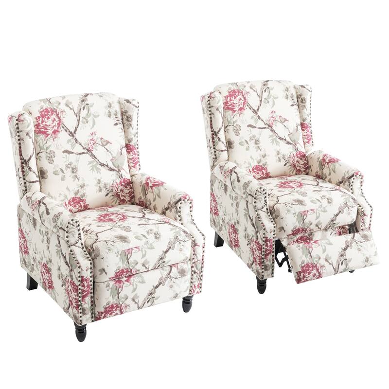 Floral Linen Manual Recliner Chair with Footrest set of 2