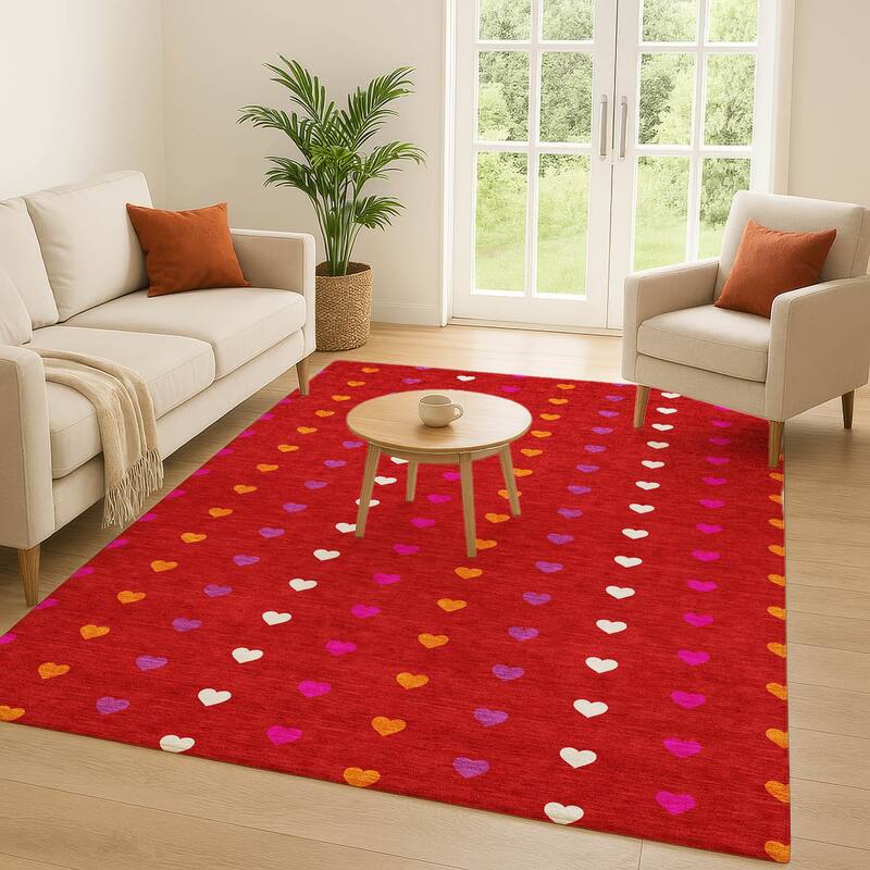 Machine Washable Indoor/ Outdoor Modern Hearts Chantille Rug
