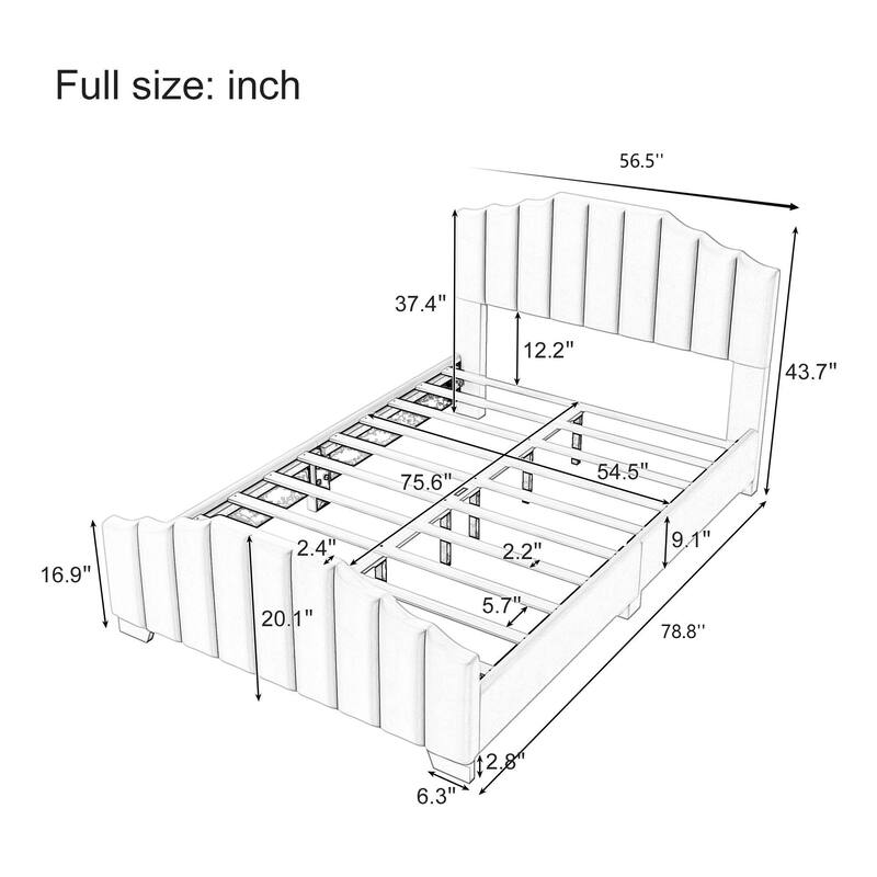 Full Size Velvet Upholstered Platform Bed Vertical Channel Tufted Headboard and Footboard, No Box Spring Needed
