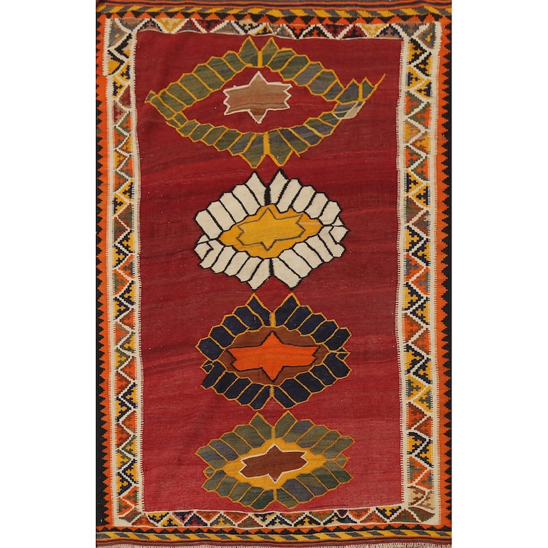 Vegetable Dye Kilim Qashqai Persian Antique Rug Hand-Woven Wool Carpet - 4'11"x 7'5"