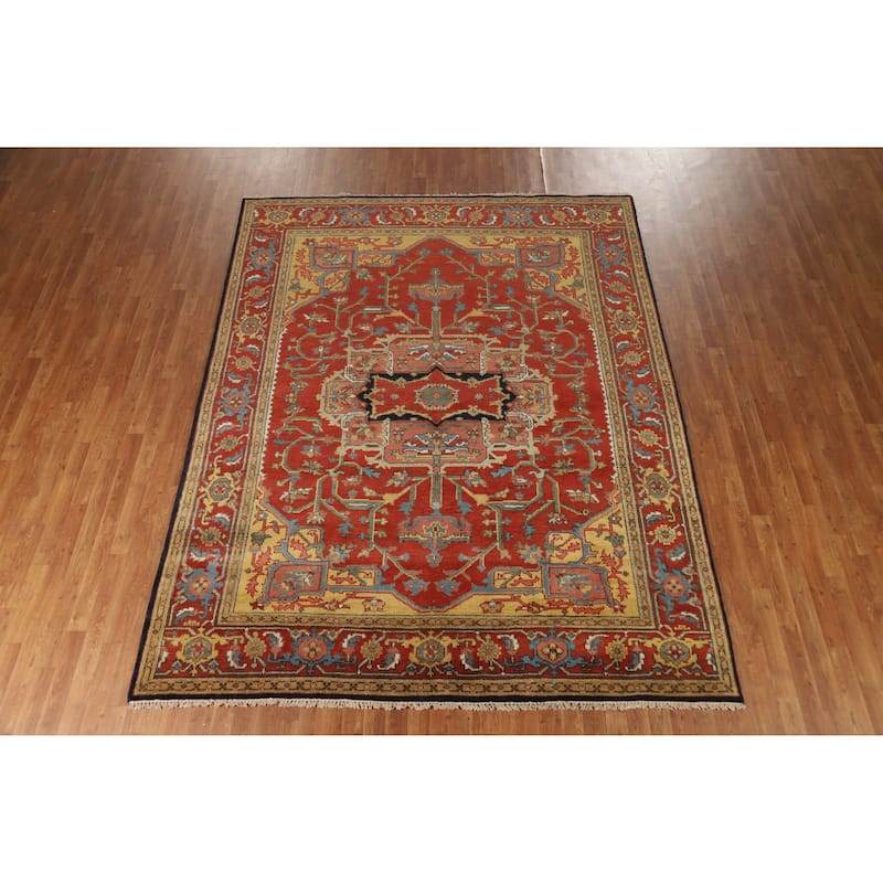 Medallion Red Heriz Serapi Oriental Area Rug Hand-Knotted Wool Carpet - 7'11" x 10'1"