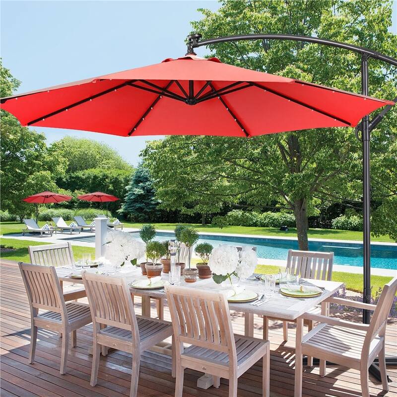 Yaheetech 10Ft Patio Offset Umbrella with 32 LED Lights Outdoor Hanging Cantilever Umbrella