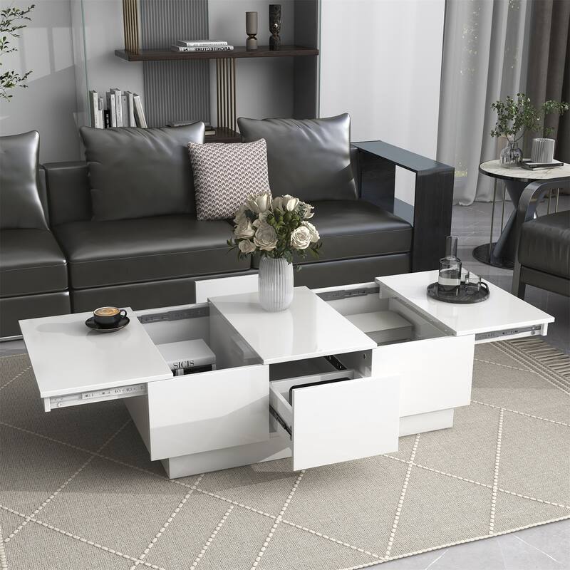 Multifunctional Extendable Coffee Table - 2 Hidden Storage Compartment - White