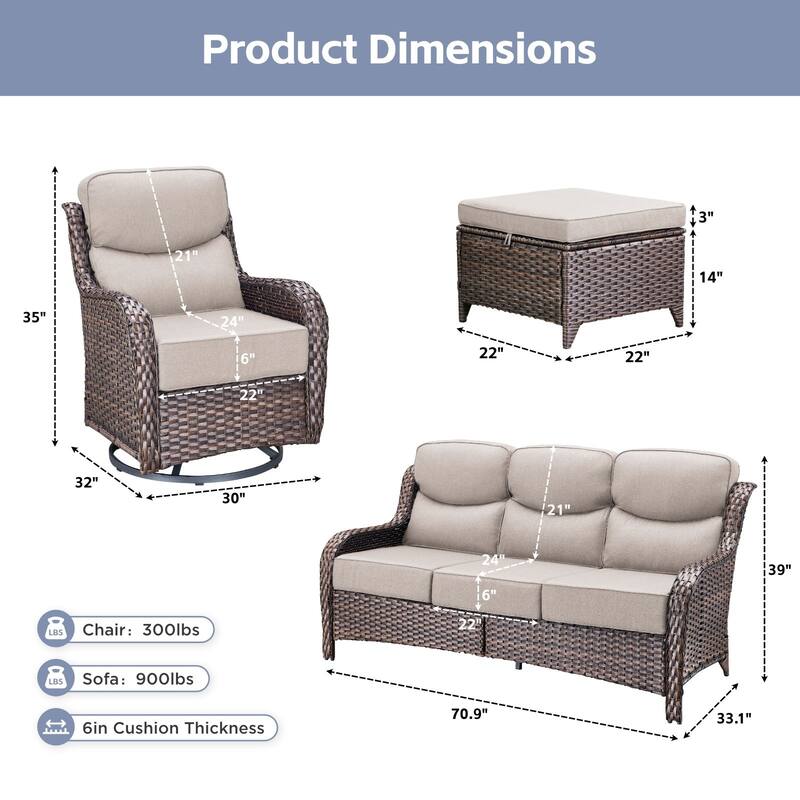 Arcadia 7-Piece Wicker Patio Conversation Set with Swivel Gliders and 6-Inch Thick Olefin Cushions