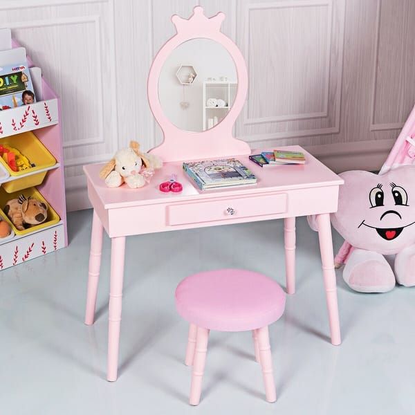 slide 2 of 18, Gymax Kids Vanity Makeup Table & Chair Set Make Up Stool Play Set for Pink