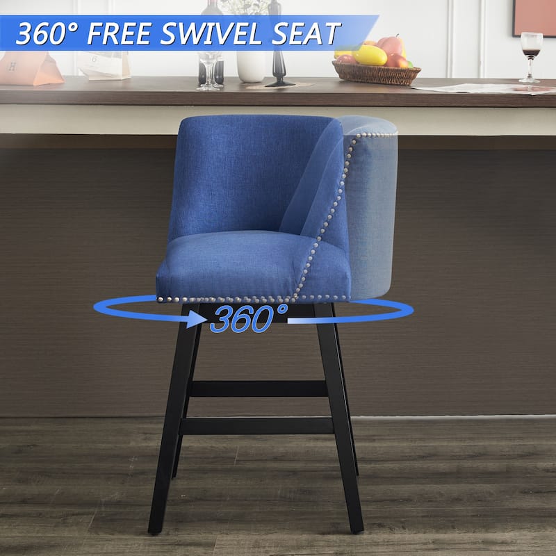 Linen Fabric Swivel Bar Stools Set of 2, Upholstered Bar Chairs with Back, Kitchen Island Stools with Solid Wood Frame