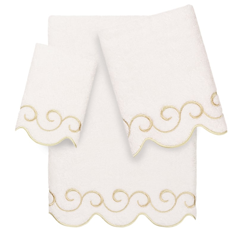 Authentic Hotel and Spa 100% Turkish Cotton SIMPLICITY Scallop Embellished Towel Collection - White/Beige - 3 Piece Set