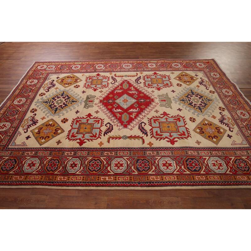 Hand Knotted Oriental 100% Wool Carpet Traditional Geometric Yellow & Gold Kazak Area Rug - 9' 8'' X 6' 5''