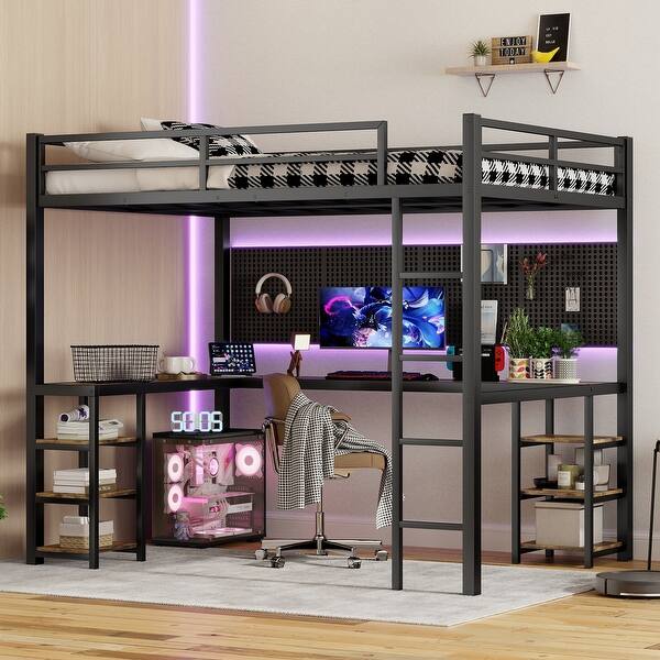 slide 2 of 13, Full XL Size Metal Loft Bed with Desk and Shelves, Ladder, and Guardrails Full XL - Black