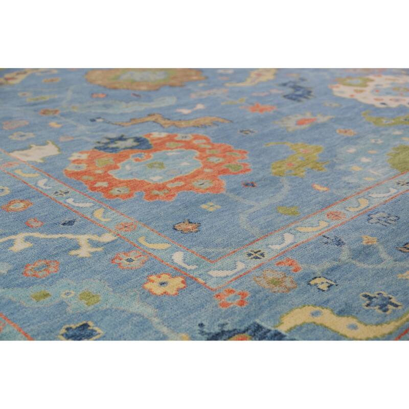 All-Over Blue Oushak Indian Large Rug Hand-Knotted Wool Carpet - 9'1" x 17'9"