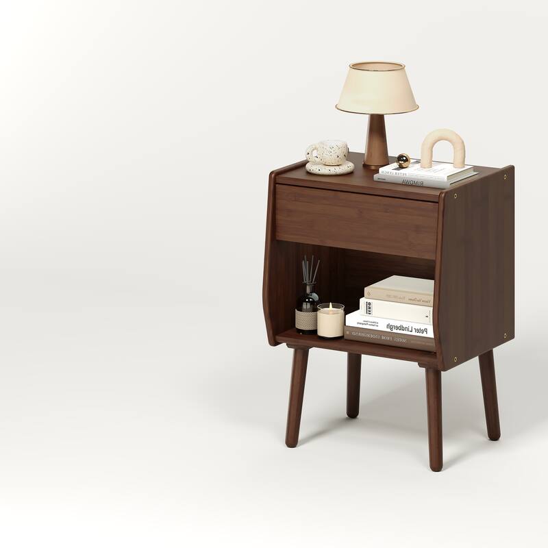 Nightstand With Drawer And Open Compartment, Solid Wood Legs