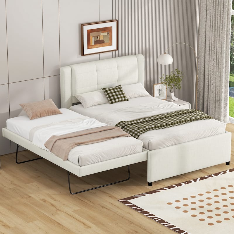 Full Size Upholstered Platform Bed with Adjustable Trundle, Beige