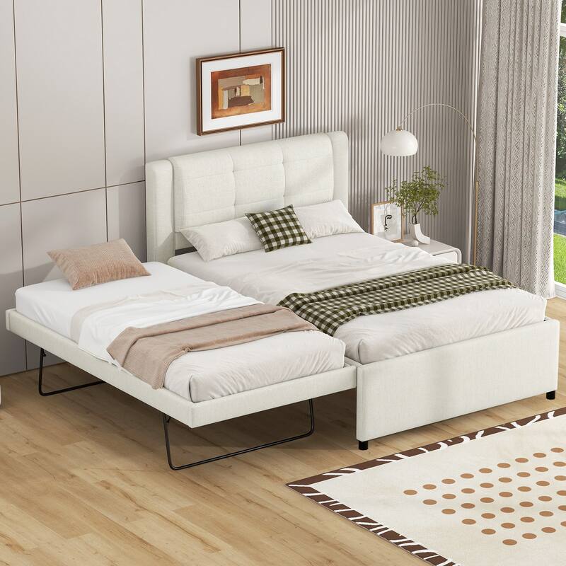 Full Size Upholstered Platform Bed with Trundle Bed/Flat or Erected, Linen Fabric Platform Bed Frame with Tufted Headboard