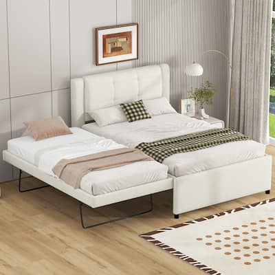 Roomfitters Full Size Upholstered Platform Bed with Convertible Trundle for Guest Space, Beige