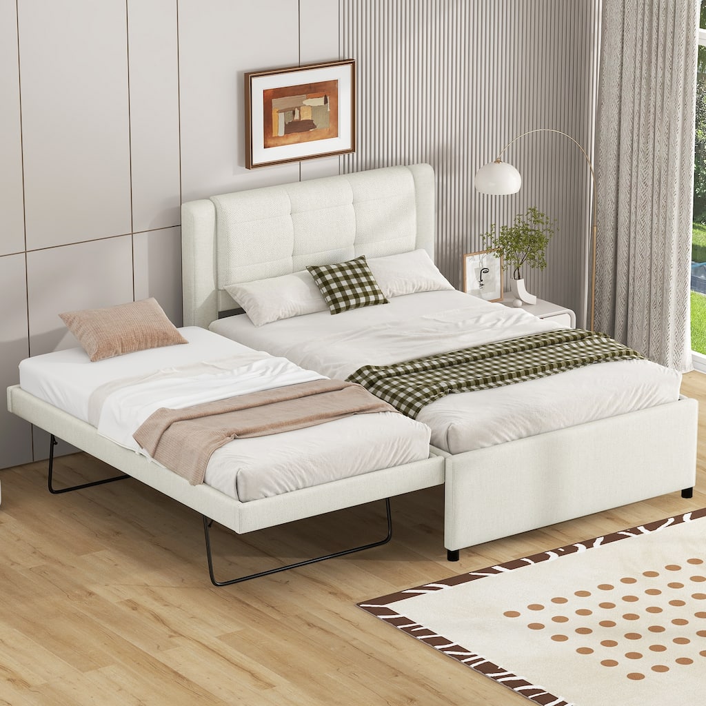 Roomfitters Full Size Upholstered Platform Bed with Convertible Trundle for Guest Space, Beige