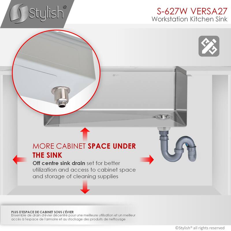 STYLISH 27 inches Workstation Single Bowl Undermount 16 Gauge Stainless Steel Kitchen Sink with Built in Accessories Handmade