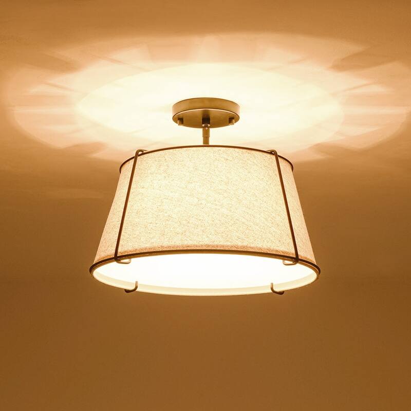 Brass 4-Light Wide Drum Linen Ceiling Light - 17in Mid-Century