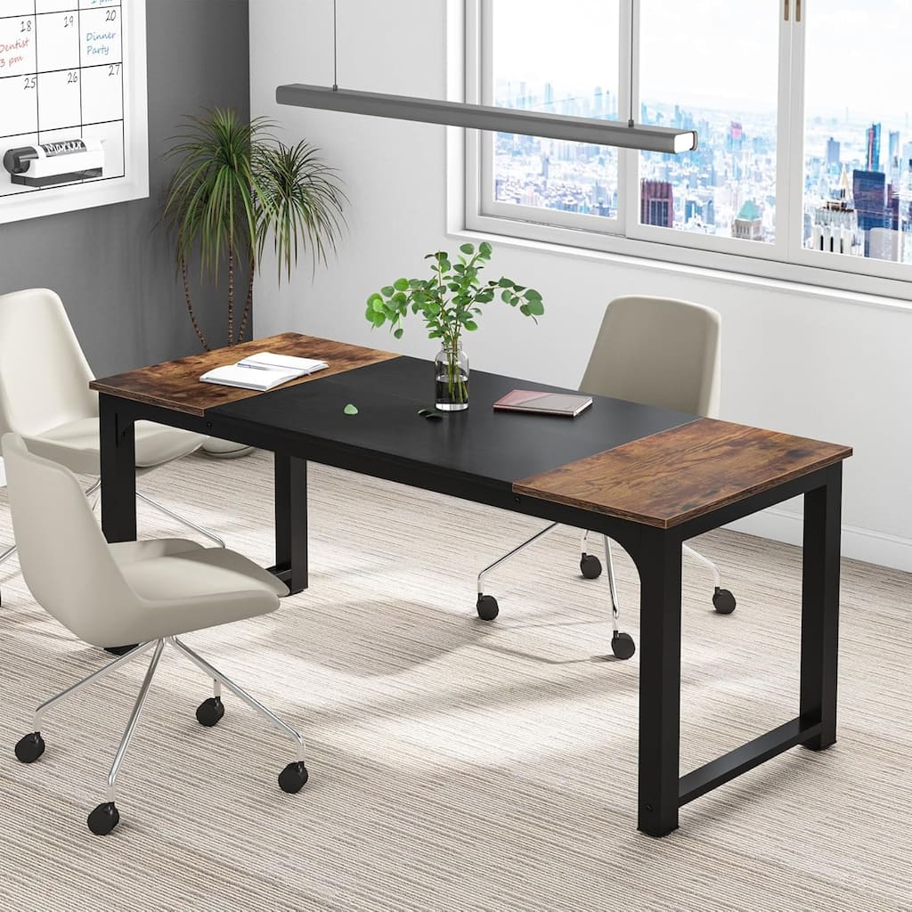 63" Executive Desk, Large Modern Office with Thick Metal Frame, Rustic Brown & Black