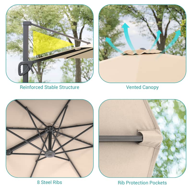 BONOSUKI 10FT Cantilever Patio Umbrella, Ultimate Outdoor Comfort with 360° Rotation and Canopy Angle Adjustment
