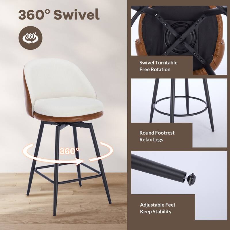 26" Swivel Leather Bar Stools Set of 2, Counter Height PU Leather / Linen Fabric Upholstered Barstool with Metal Legs