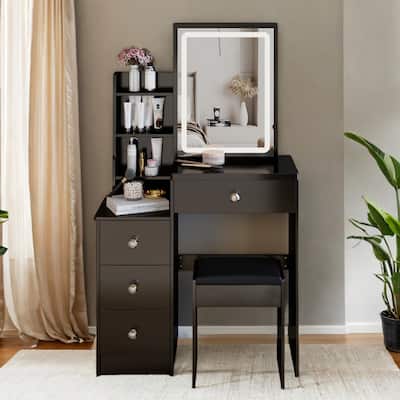 29.2" Compact Dressing Table Set with 3-Color LED Mirror & Stool