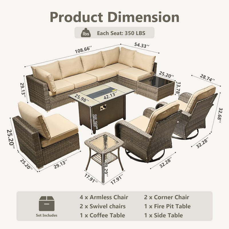 HOOOWOOO 11-piece Wicker Furniture Set Outdoor Sectional Sofa with Fire Pit