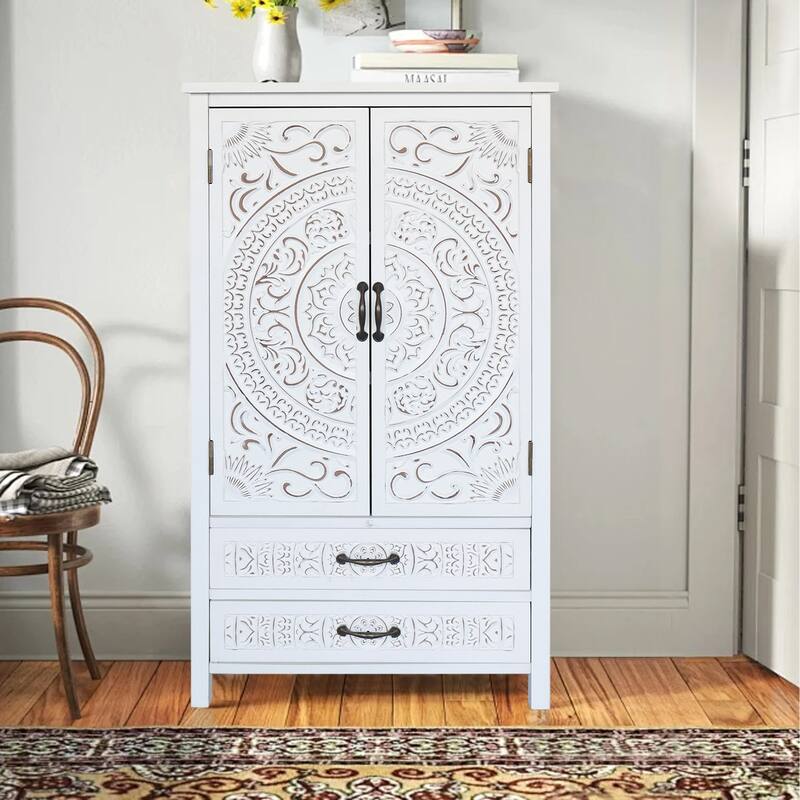Tall Tower Accent Cabinet with Carved Doors, Multi-Functional Wood Buffet Cabinet, Storage Cabinet with 2 Doors & 2 Drawers