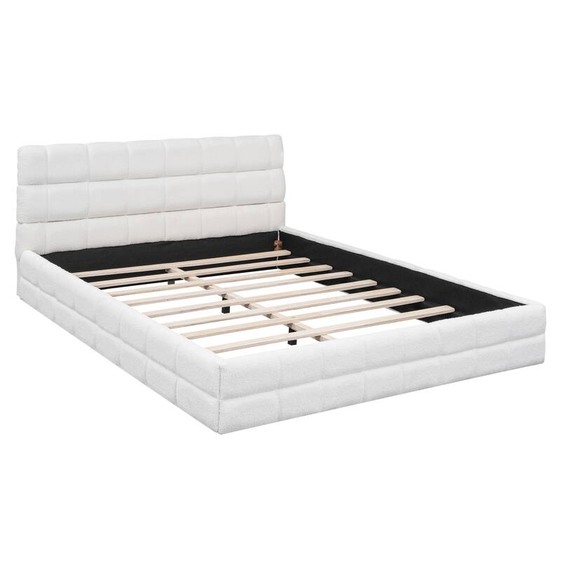 Modern Upholstered Platform Bed Frame Grounded Bed Frame with Striped Headboard/Wood Slats Support/No Box Spring/Easy Assembly