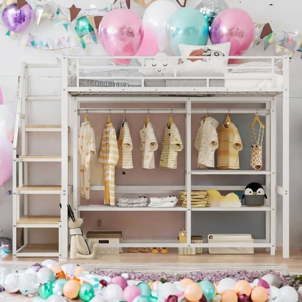 slide 2 of 19, White Twin Size Metal Loft Bed with Wardrobe and Storage Shelves Twin