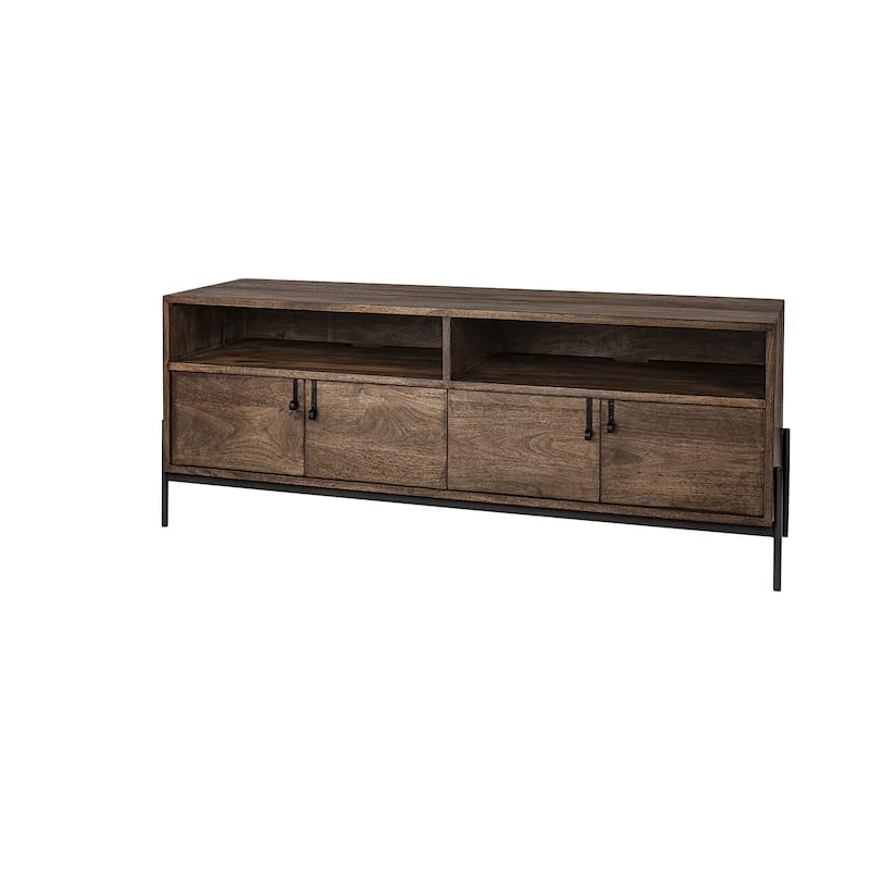HomeRoots 62" Brown and Black Solid Wood Cabinet Enclosed Storage TV Stand - 18