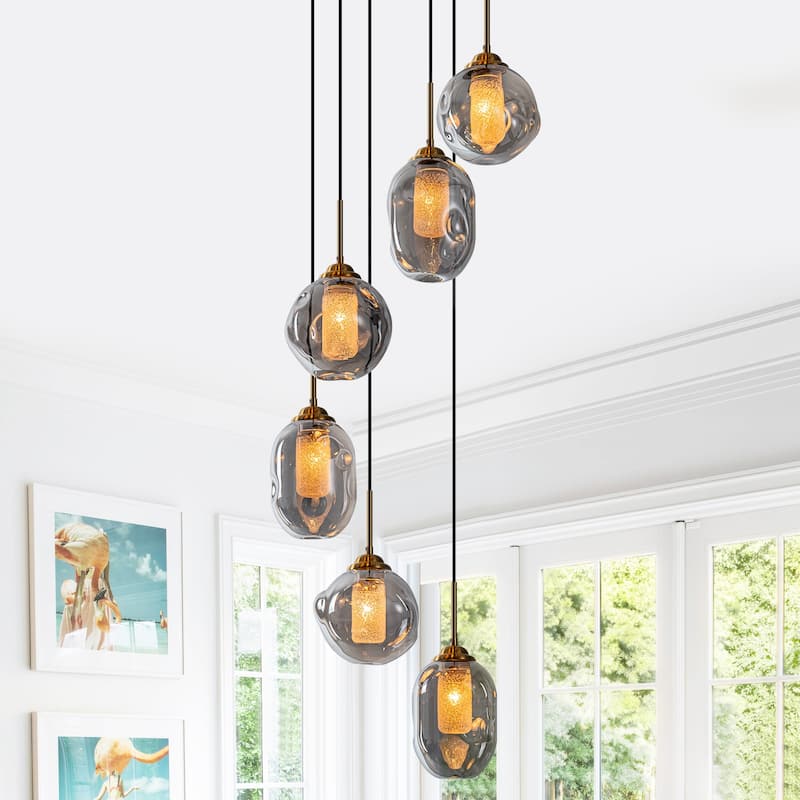 18" 6-Light Smoked Irregular Glass Round Pendant Light, Frosted Tubes