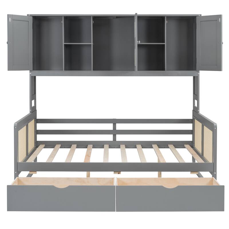Full Size Wooden Daybed with 2 Drawers and All-in-One Cabinet and Shelf for Practical Bedroom Storage, Platform Bed Frame