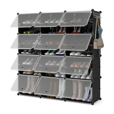 12-Cube Modular Shoe Rack Cabinet with Hooks & Doors - 49" x 12.5" x 49" (L x W x H)