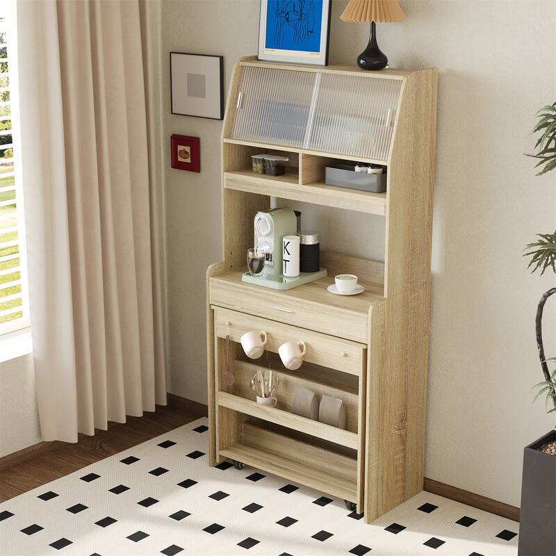 Compact Dining Table with Hutch and Foldable Buffet, Storage Shelf & Side Hooks