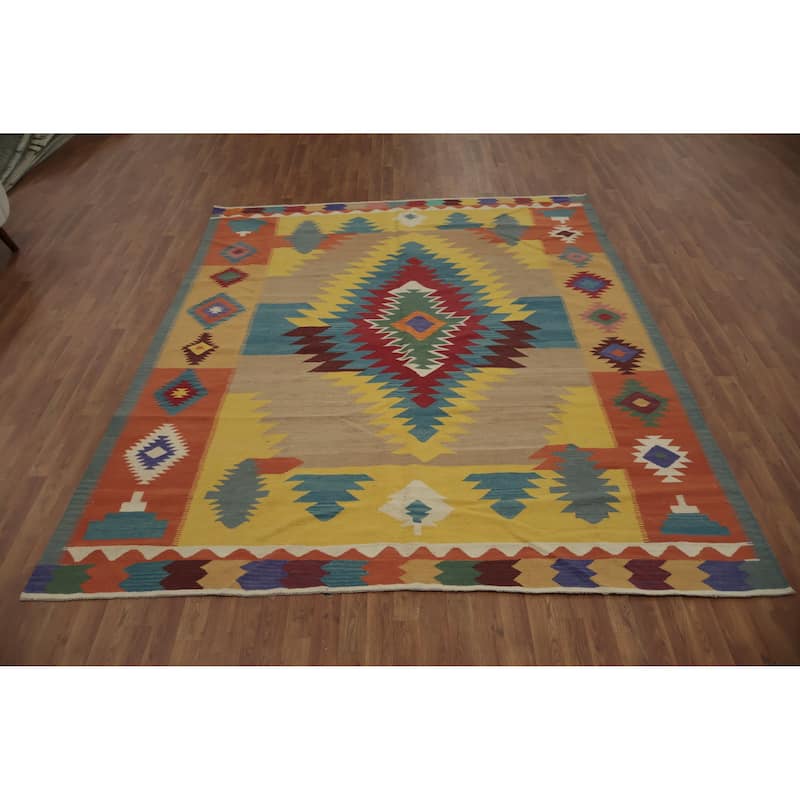 Hand Woven Oriental 100% Wool Carpet Southwestern Tribal Multi-Colored Kilim Area Rug - 9' 9'' X 8' 0''