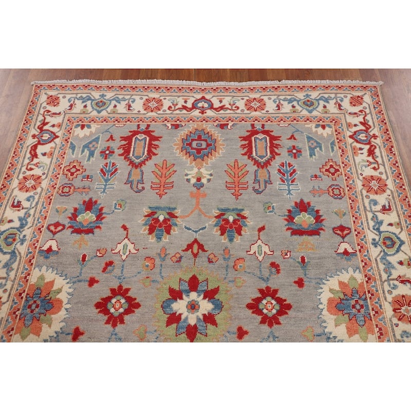 Floral Kazak Area Rug Handmade Traditional Grey Wool Carpet - 5'0" x 6'5"