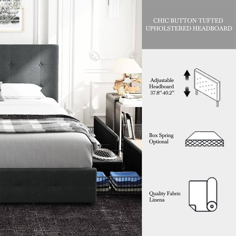 Full Size Bed Frame with 4 Storage Drawers & Headboard, Dark Grey