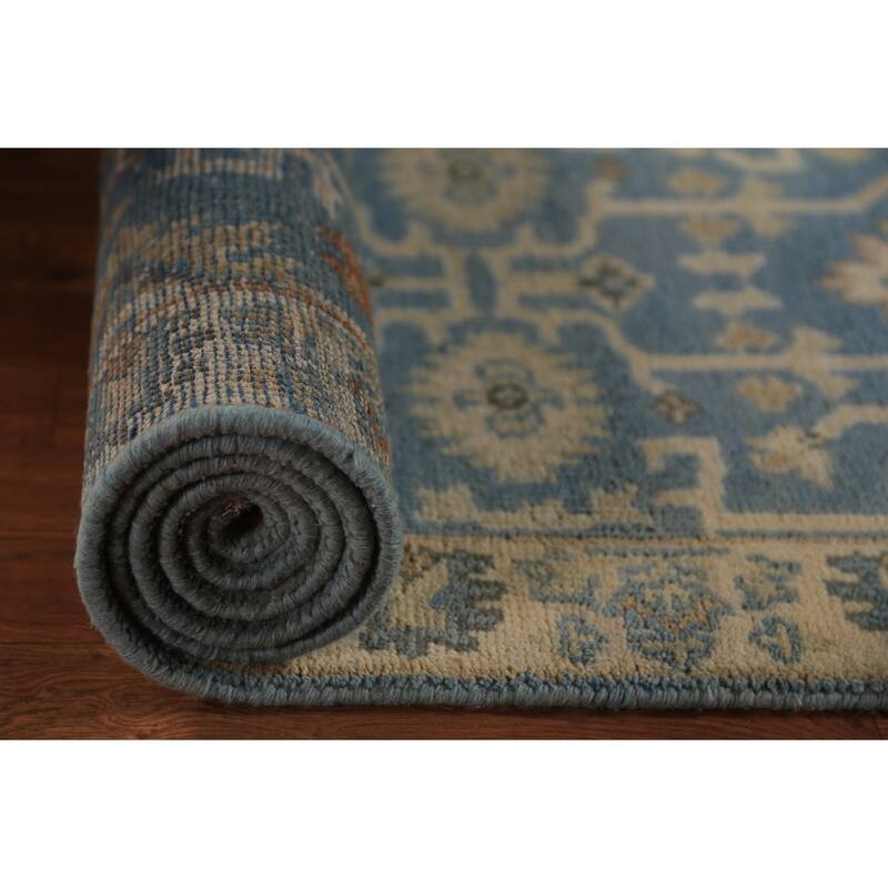 Blue Geometric Oushak Indian Runner Rug Hand-Knotted Wool Carpet - 2'7"x 7'9"